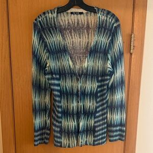Nic & Zoe Women’s Striped Geometric Linen Cardigan Sweater Teal Blue Size Large